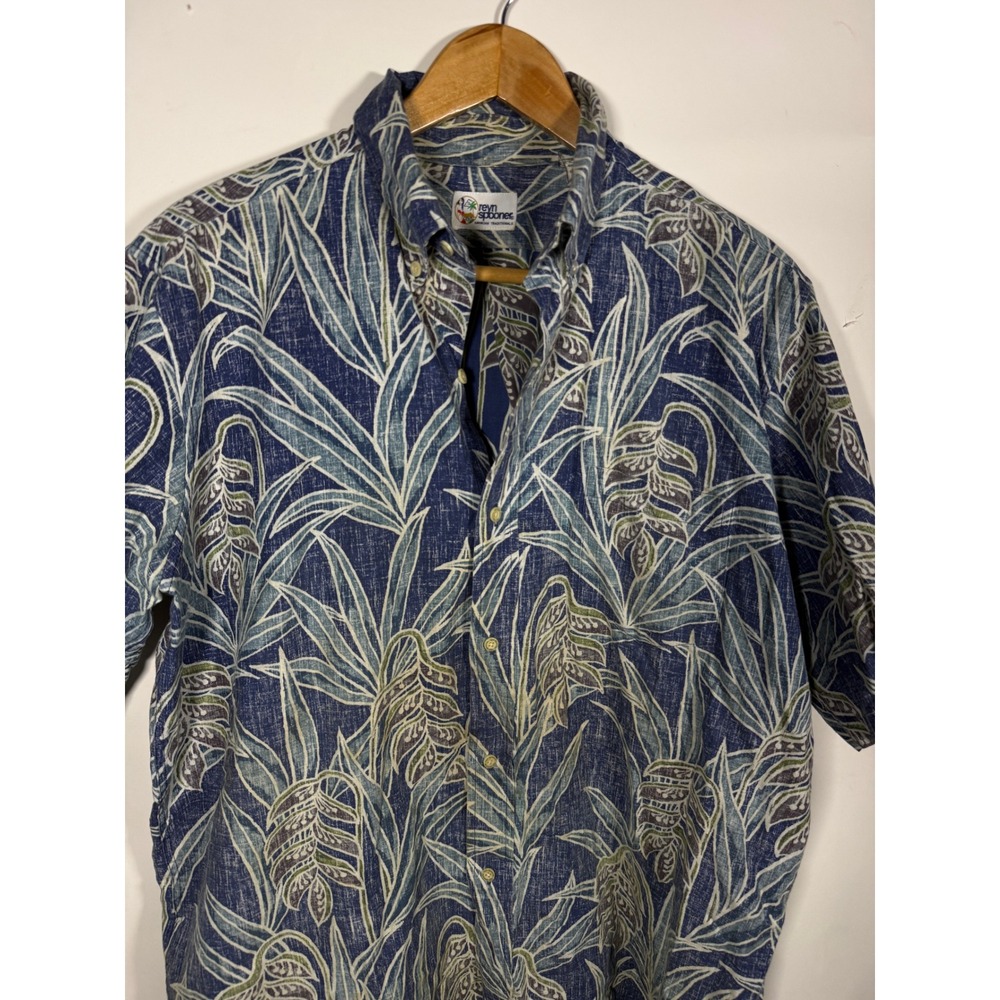 Reyn Spooner Mens Blue Tropical Leaf Print Button Down Hawaiian Shirt Large